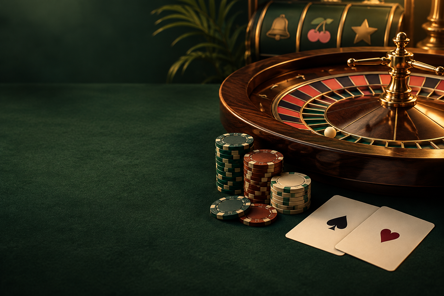 Ilustrasi roda roulette, kartu, dan keping dengan cahaya hangat